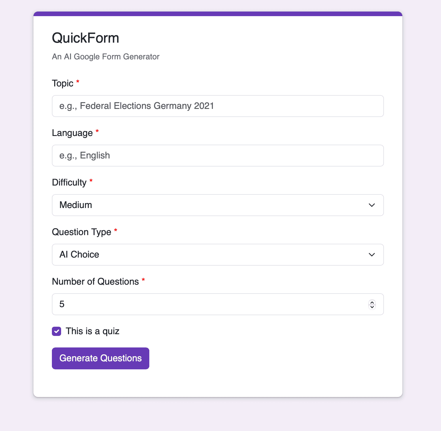 Screenshot of QuickForm